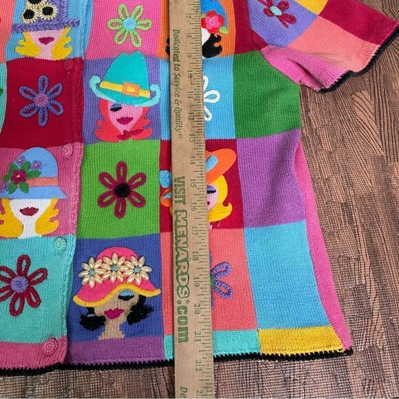 Michael Simon Vintage Embroidered Patchwork‎ 3D faces hats cardigan top size L - Picture 7 of 7